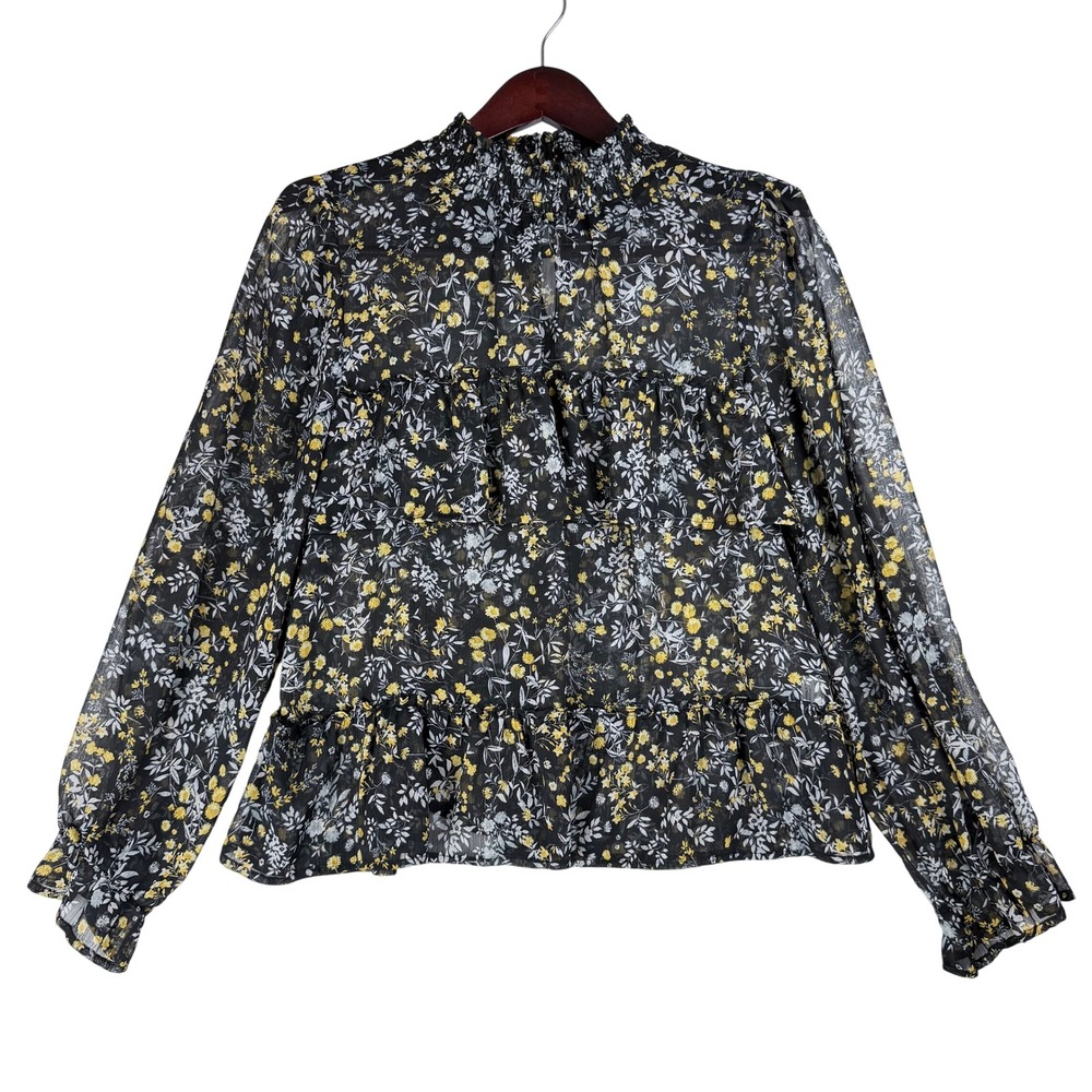 Rabbit Rose Blouse Women Small Black Yellow Floral Smocked Ruffle Cottagecore